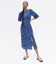 New Look Blue Leopard Print Crepe Split Hem Midi Smock Dress